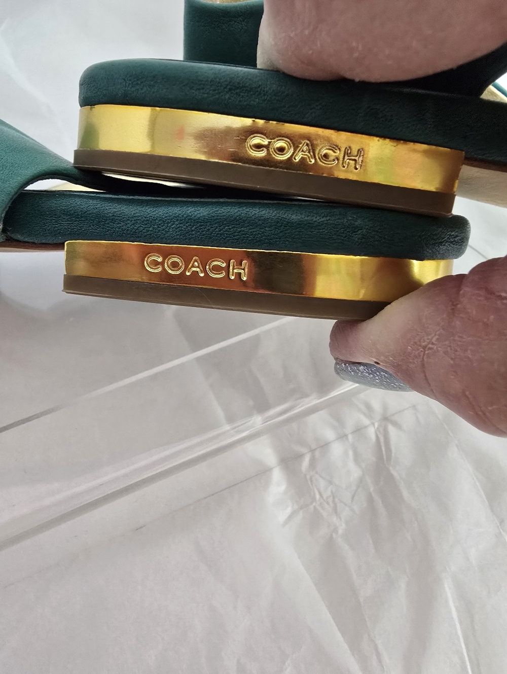 COACH Est. 1941 Teal Green Leather Floral Slingback Peep Toe Heels - Sz 8.5 NWOB - Picture 9 of 11